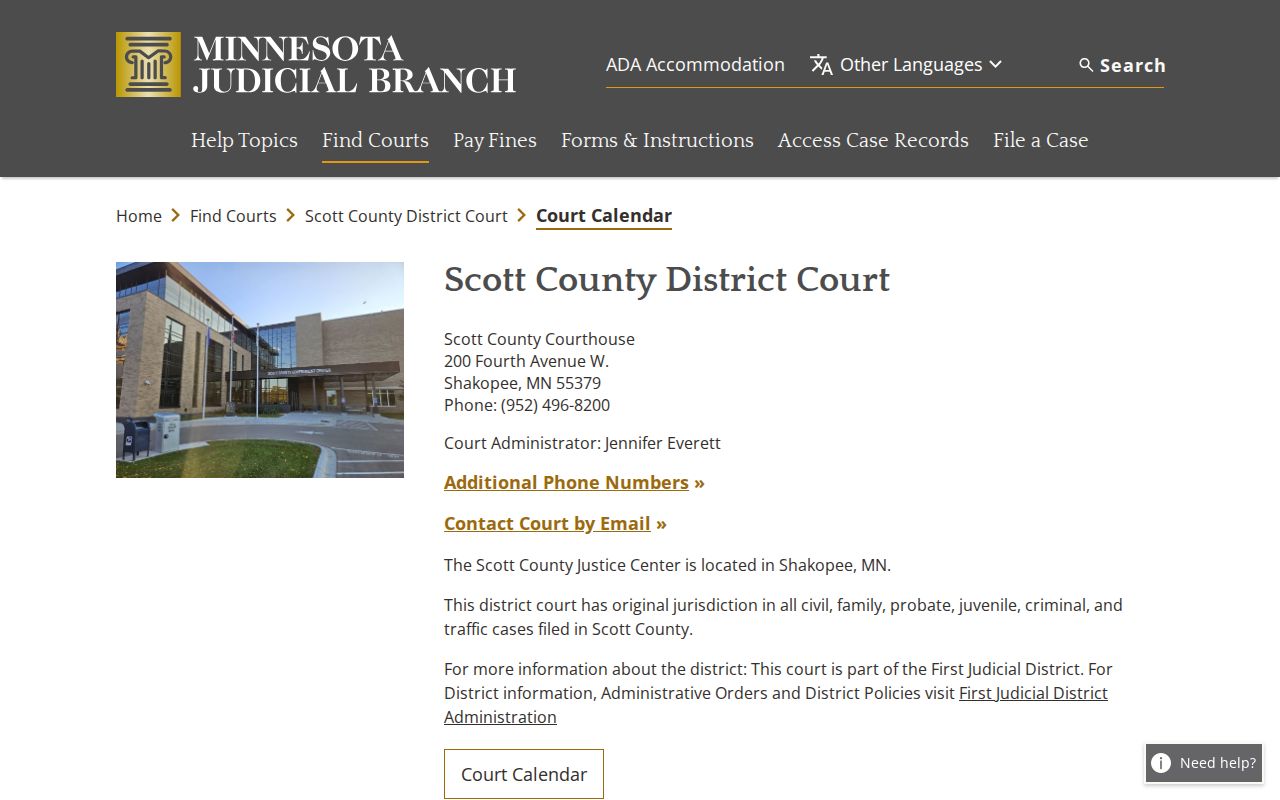 Scott County court calendar information from the District Court
