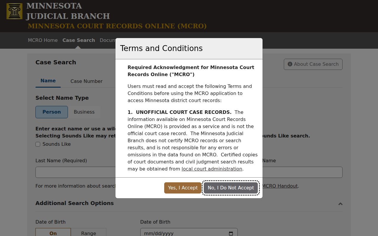 Scott County docket search MCRO Case Search form
