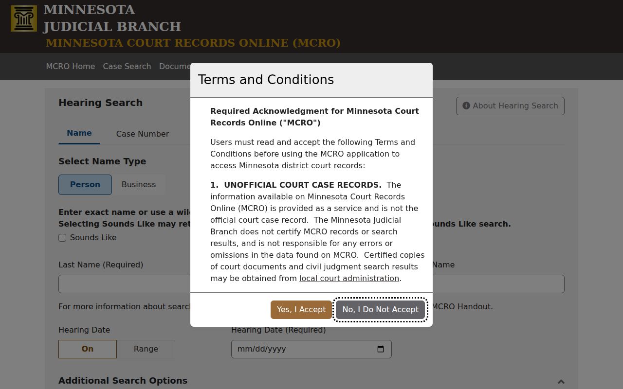 Scott County docket search MCRO Hearing Search form