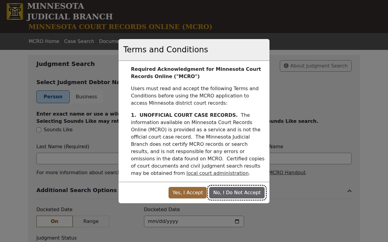 Scott County docket search MCRO Judgment Search form