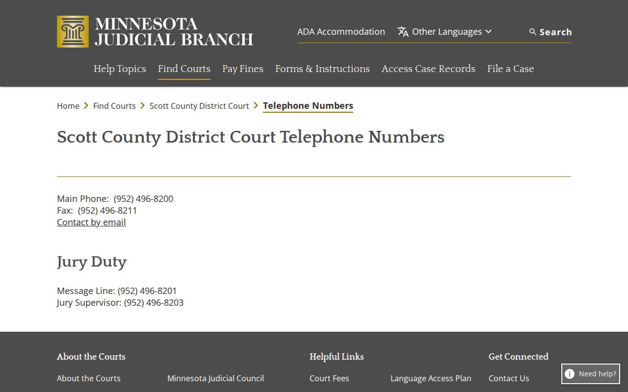 Shakopee court records contact routing for Scott County District Court